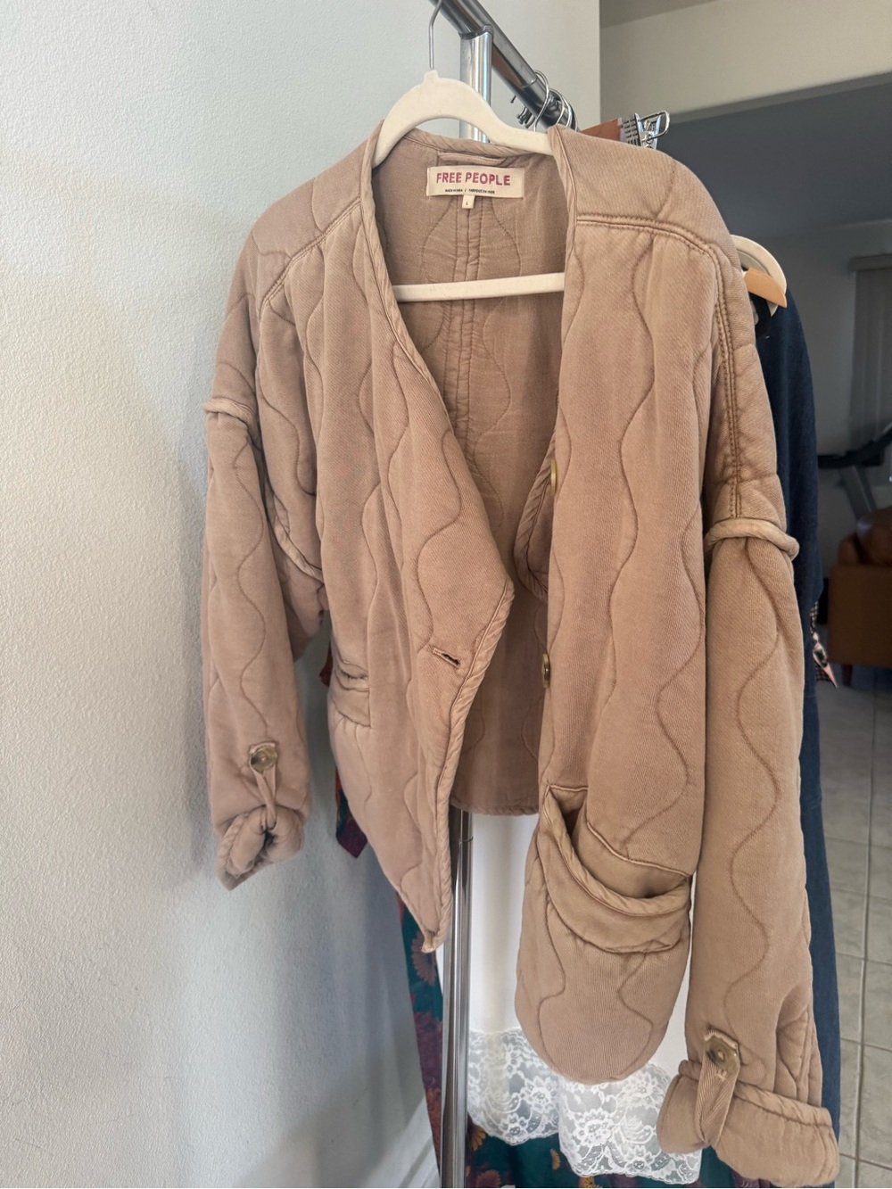 Free People Camel Quilted Open-Front Jacket